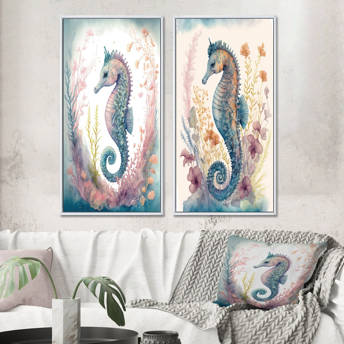 Designart "Cute Baby Seahorse In The Deep Sea I" Animals Framed Wall Art Set Of 2 Wall Art Set Of 2