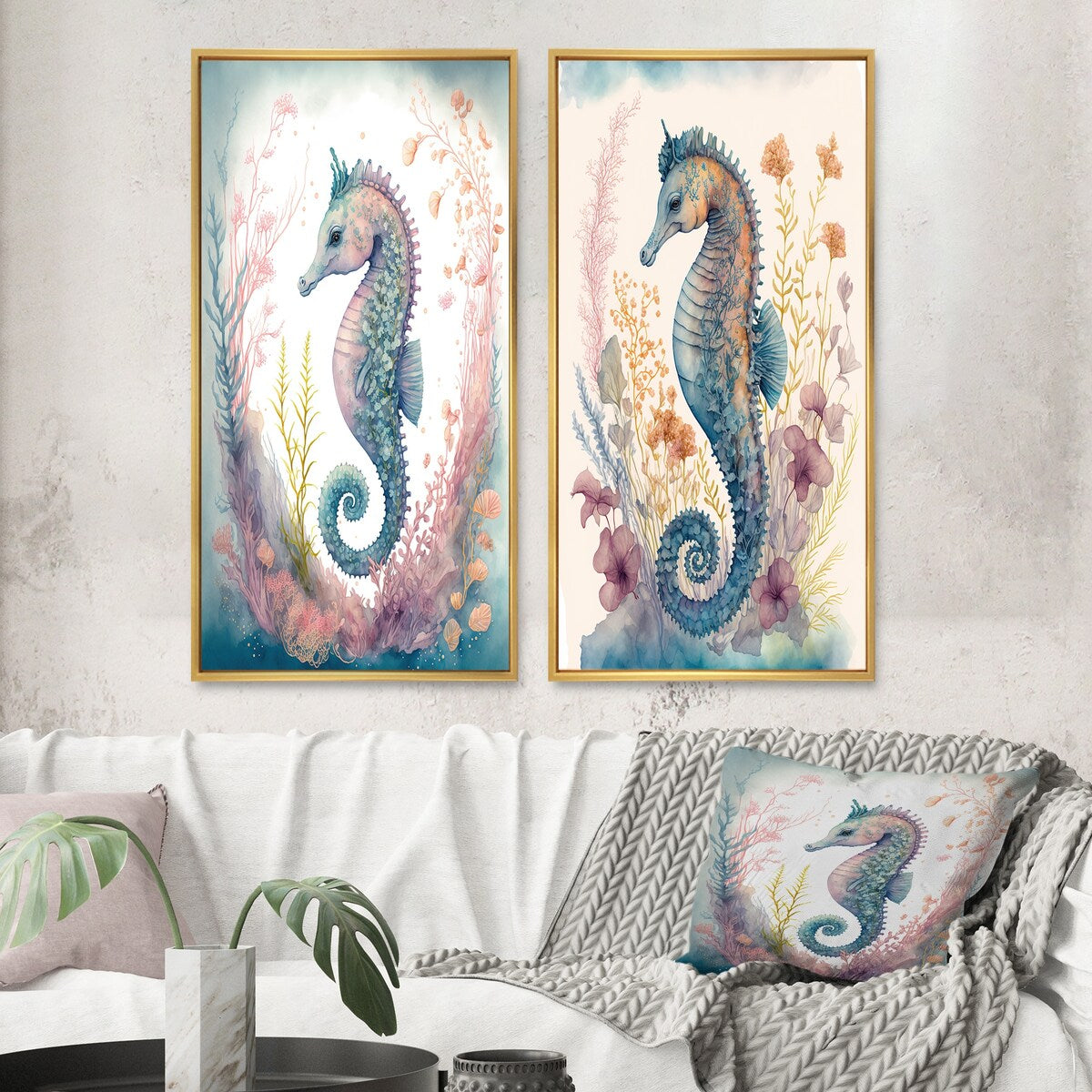 Designart "Cute Baby Seahorse In The Deep Sea I" Animals Framed Wall Art Set Of 2 Wall Art Set Of 2