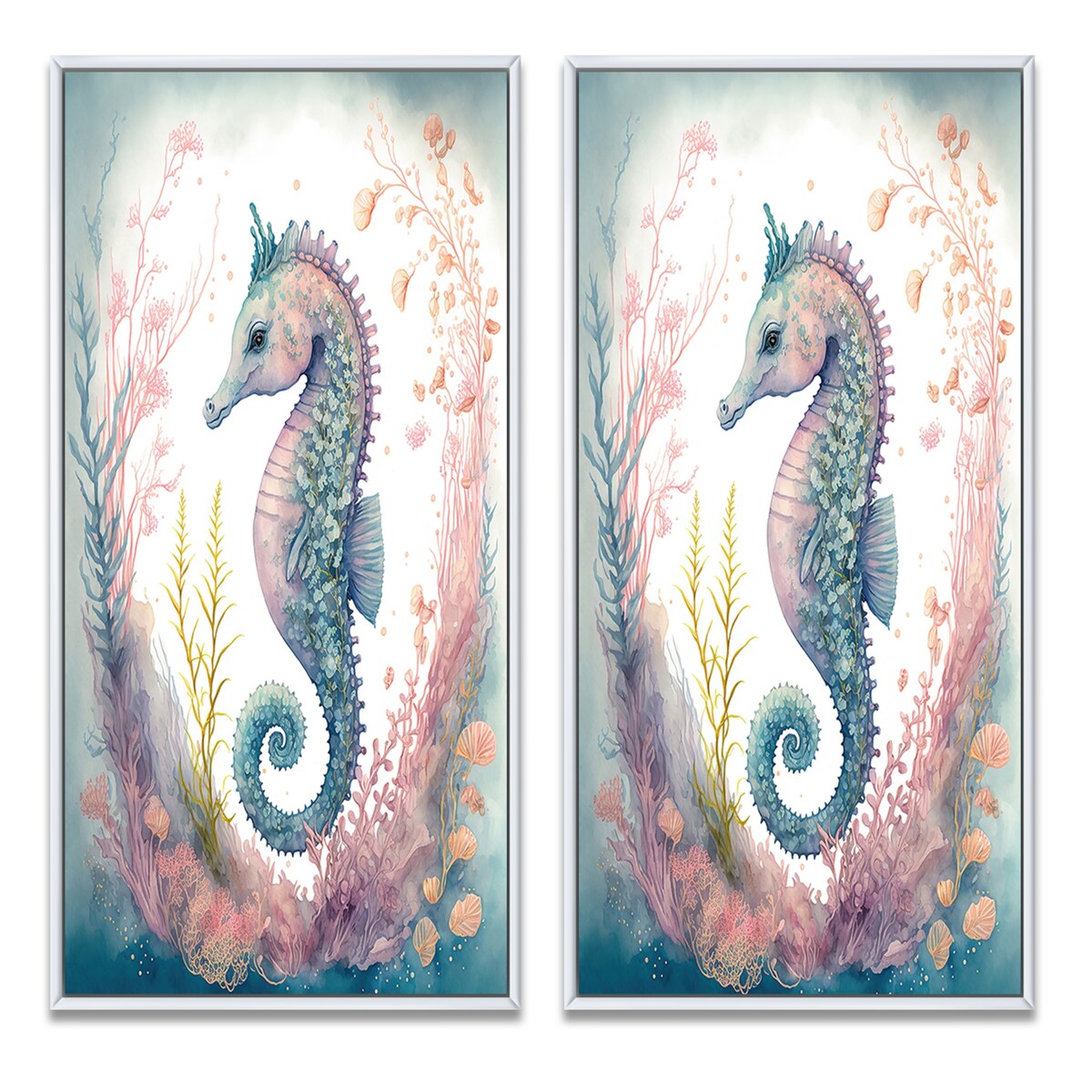 Designart "Cute Baby Seahorse In The Deep Sea I" Animals Framed Wall Art Set Of 2 Wall Art Set Of 2