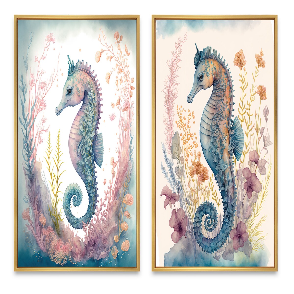 Designart "Cute Baby Seahorse In The Deep Sea I" Animals Framed Wall Art Set Of 2 Wall Art Set Of 2