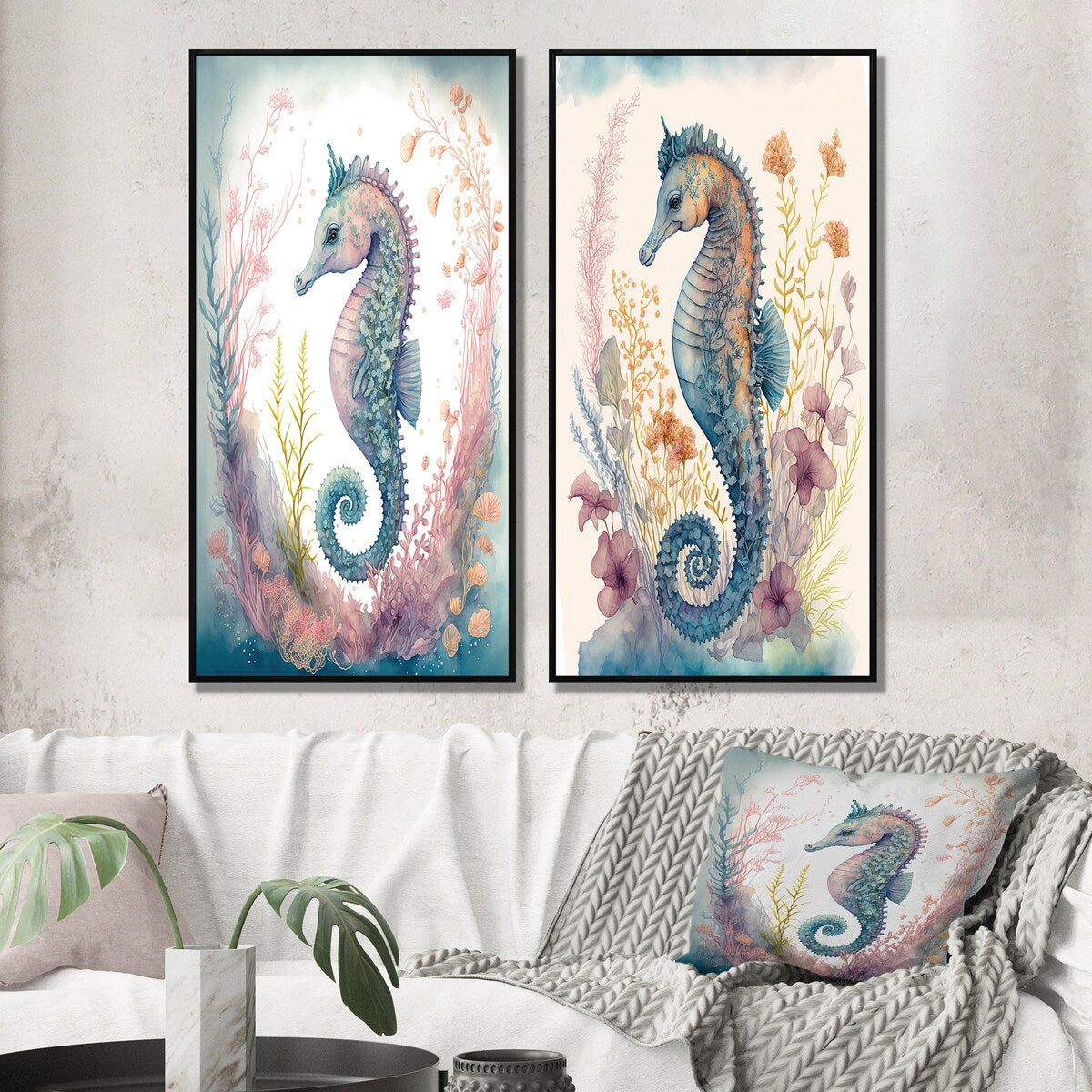 Designart "Cute Baby Seahorse In The Deep Sea I" Animals Framed Wall Art Set Of 2 Wall Art Set Of 2