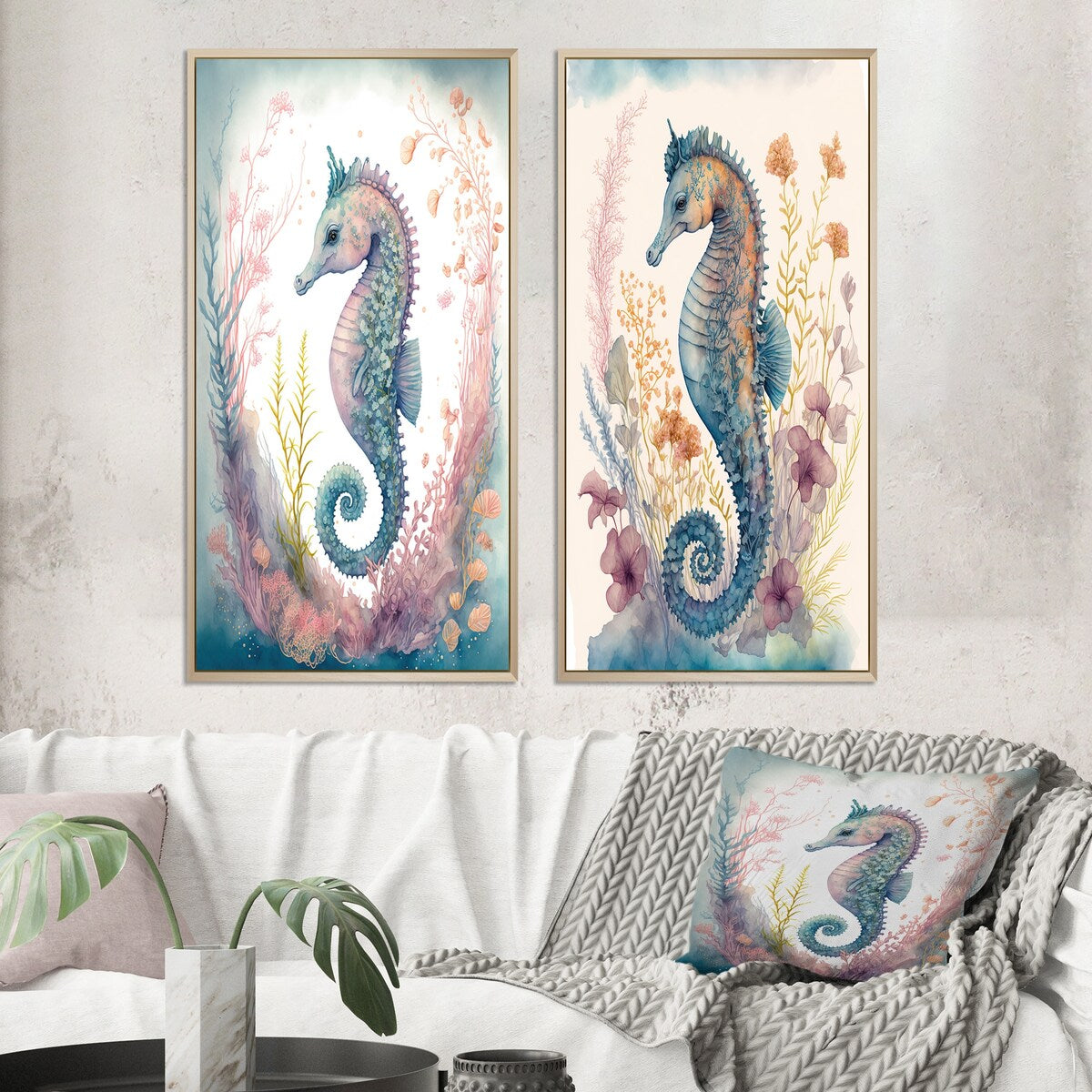 Designart "Cute Baby Seahorse In The Deep Sea I" Animals Framed Wall Art Set Of 2 Wall Art Set Of 2