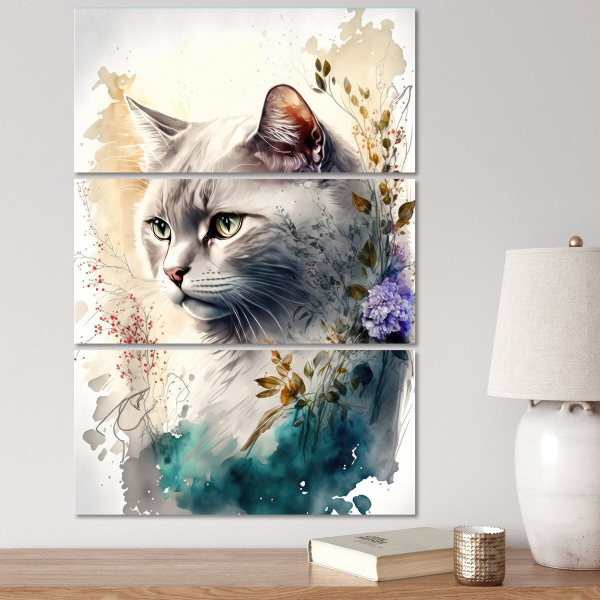Designart "Cute British Cat Floral Art II" Animals British Shorthair Cat Canvas Art Print - 3 Panels