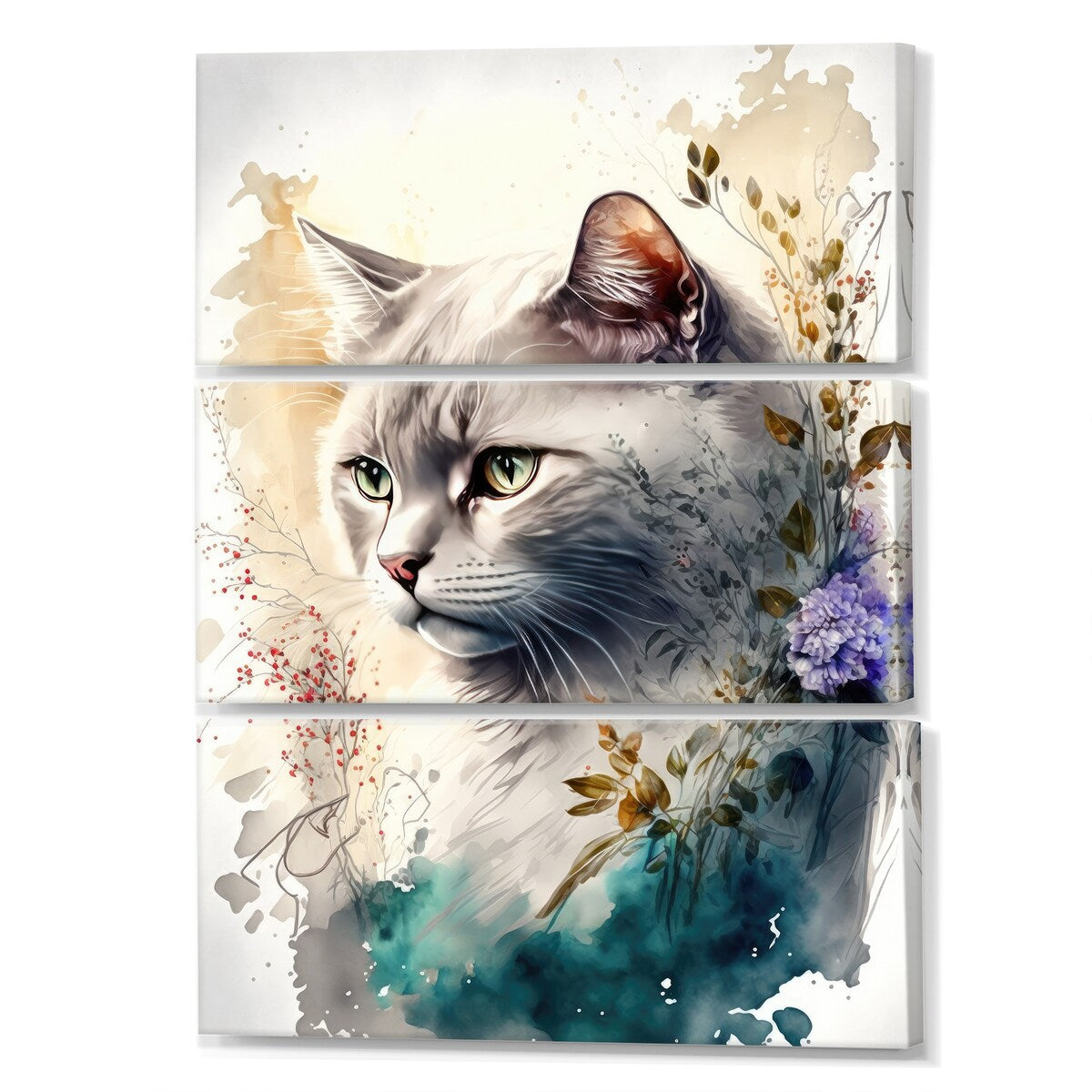 Designart "Cute British Cat Floral Art II" Animals British Shorthair Cat Canvas Art Print - 3 Panels