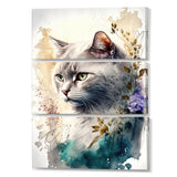 Designart "Cute British Cat Floral Art II" Animals British Shorthair Cat Canvas Art Print - 3 Panels