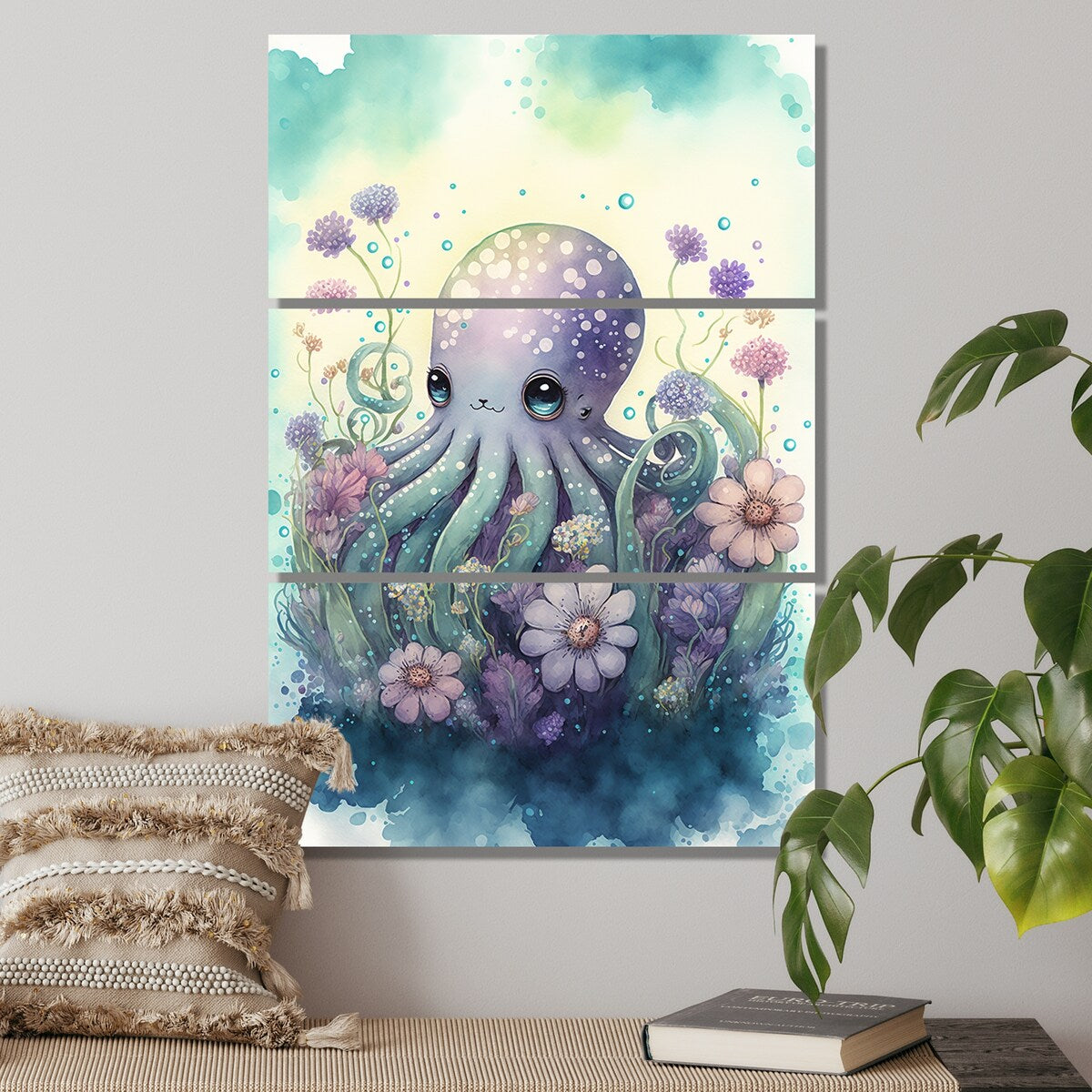 Designart "Cute Little Baby Octopus Surrounded By Flowers I" Animal Octopus Canvas Art Print - 3 Panels