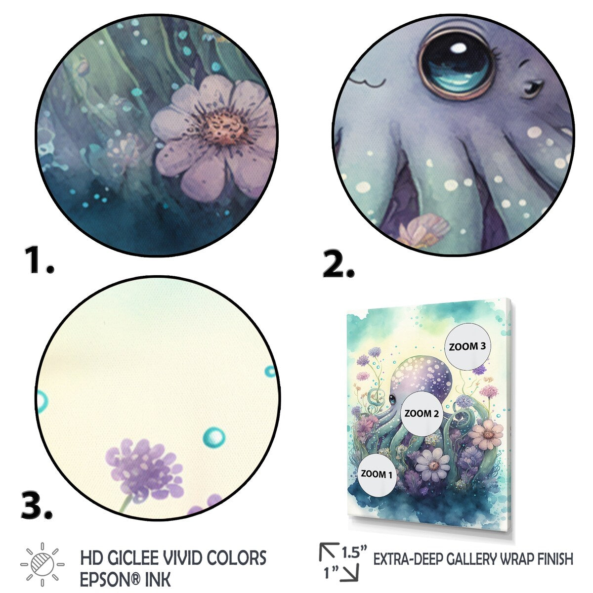 Designart "Cute Little Baby Octopus Surrounded By Flowers I" Animal Octopus Canvas Art Print - 3 Panels