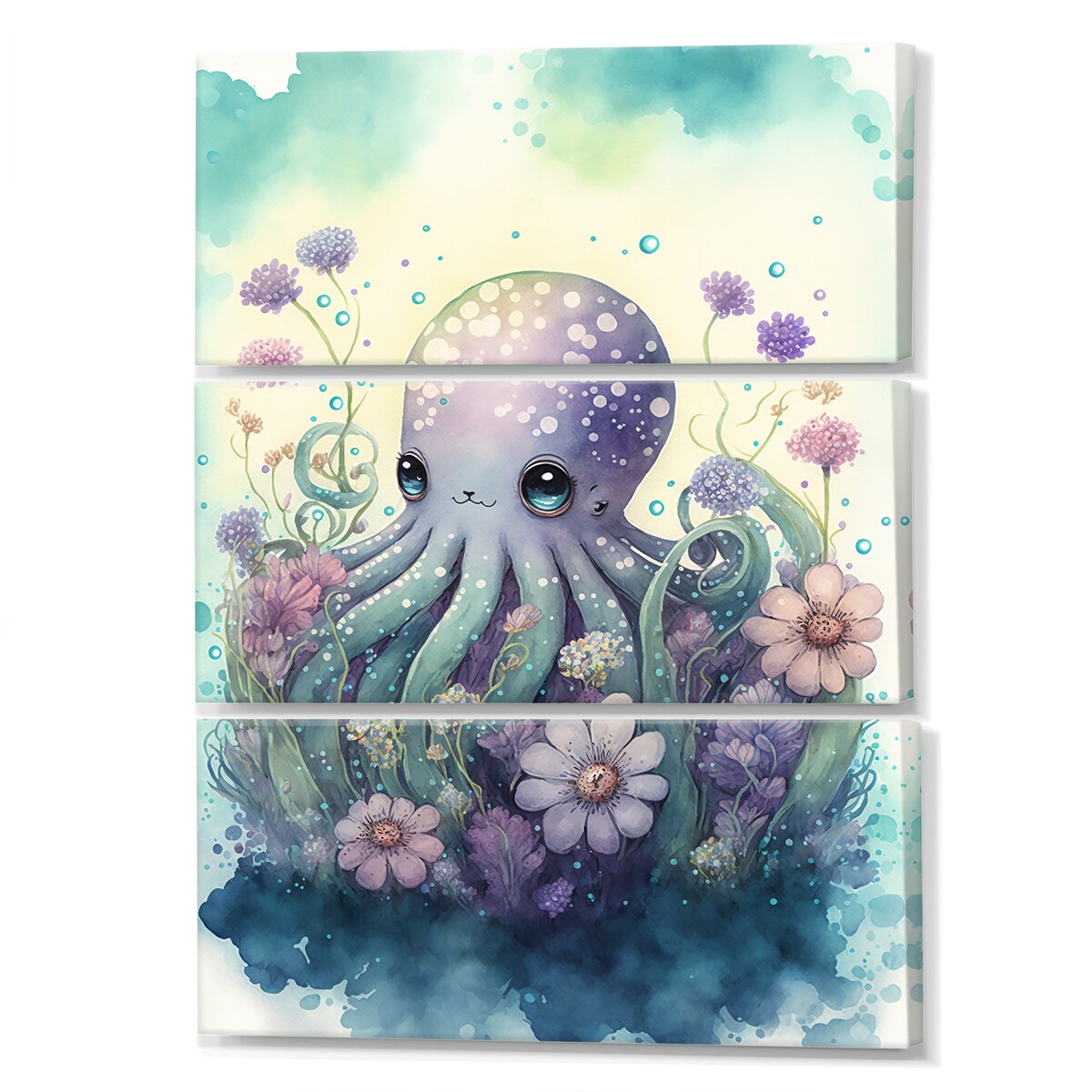 Designart "Cute Little Baby Octopus Surrounded By Flowers I" Animal Octopus Canvas Art Print - 3 Panels