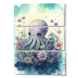 Designart "Cute Little Baby Octopus Surrounded By Flowers I" Animal Octopus Canvas Art Print - 3 Panels