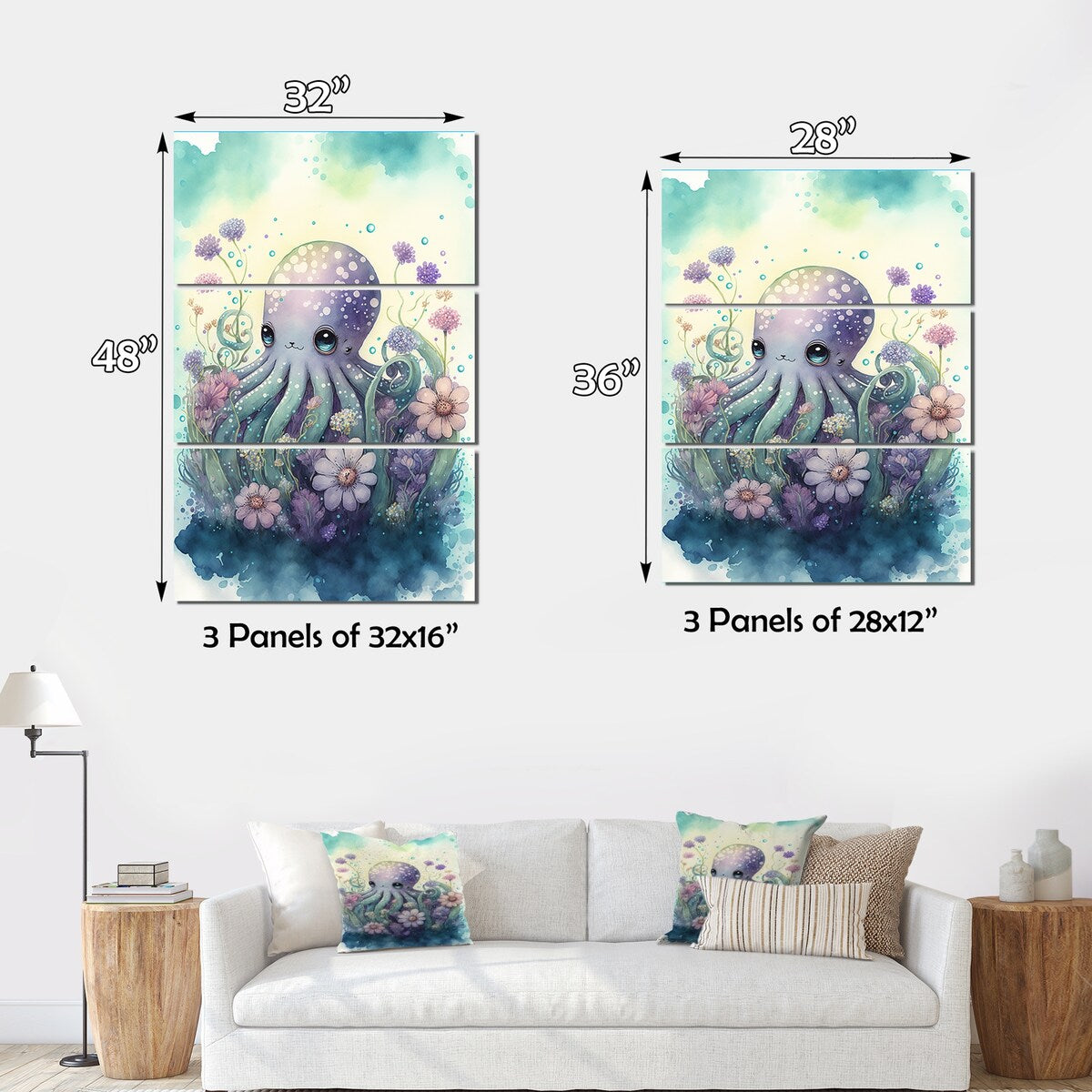 Designart "Cute Little Baby Octopus Surrounded By Flowers I" Animal Octopus Canvas Art Print - 3 Panels