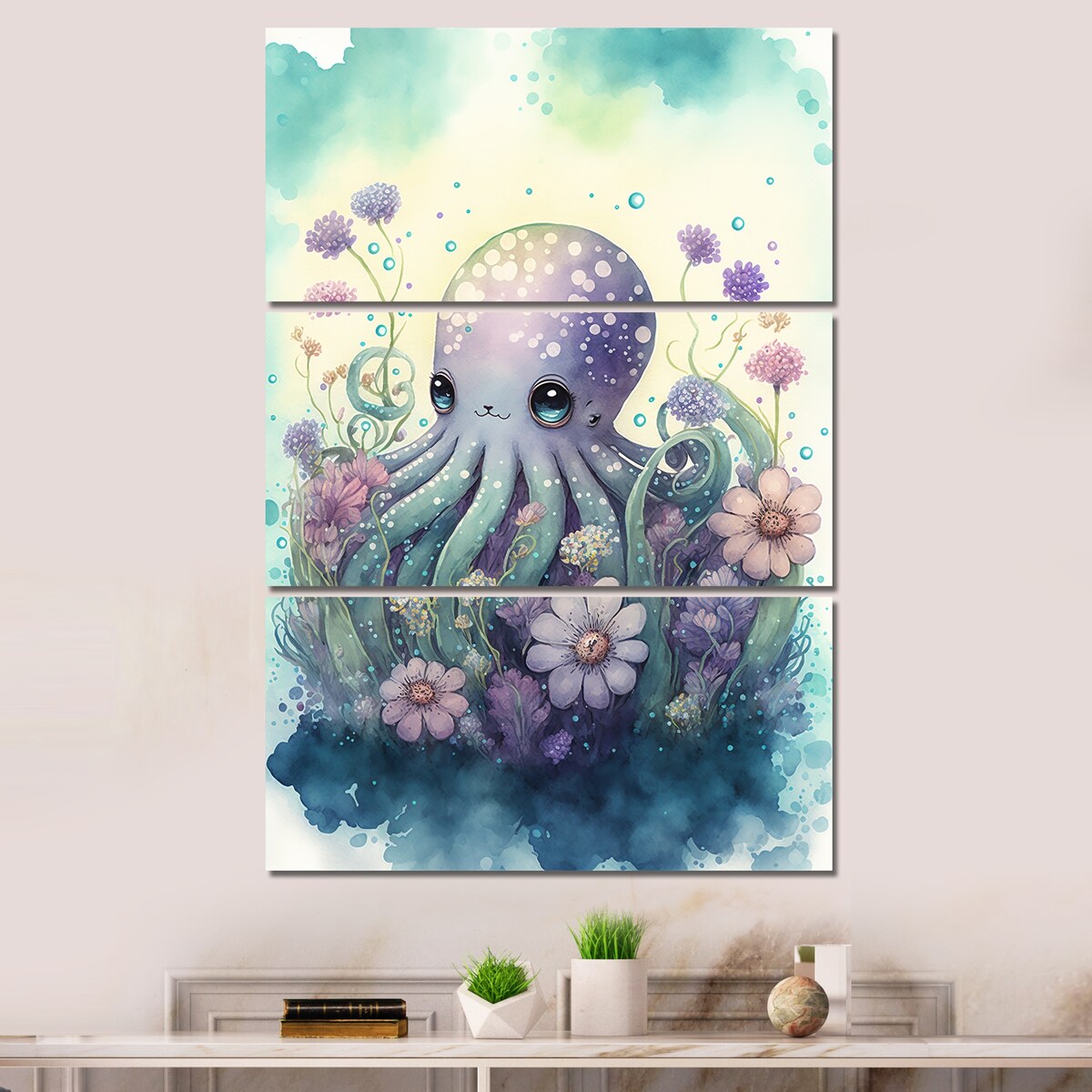 Designart "Cute Little Baby Octopus Surrounded By Flowers I" Animal Octopus Canvas Art Print - 3 Panels