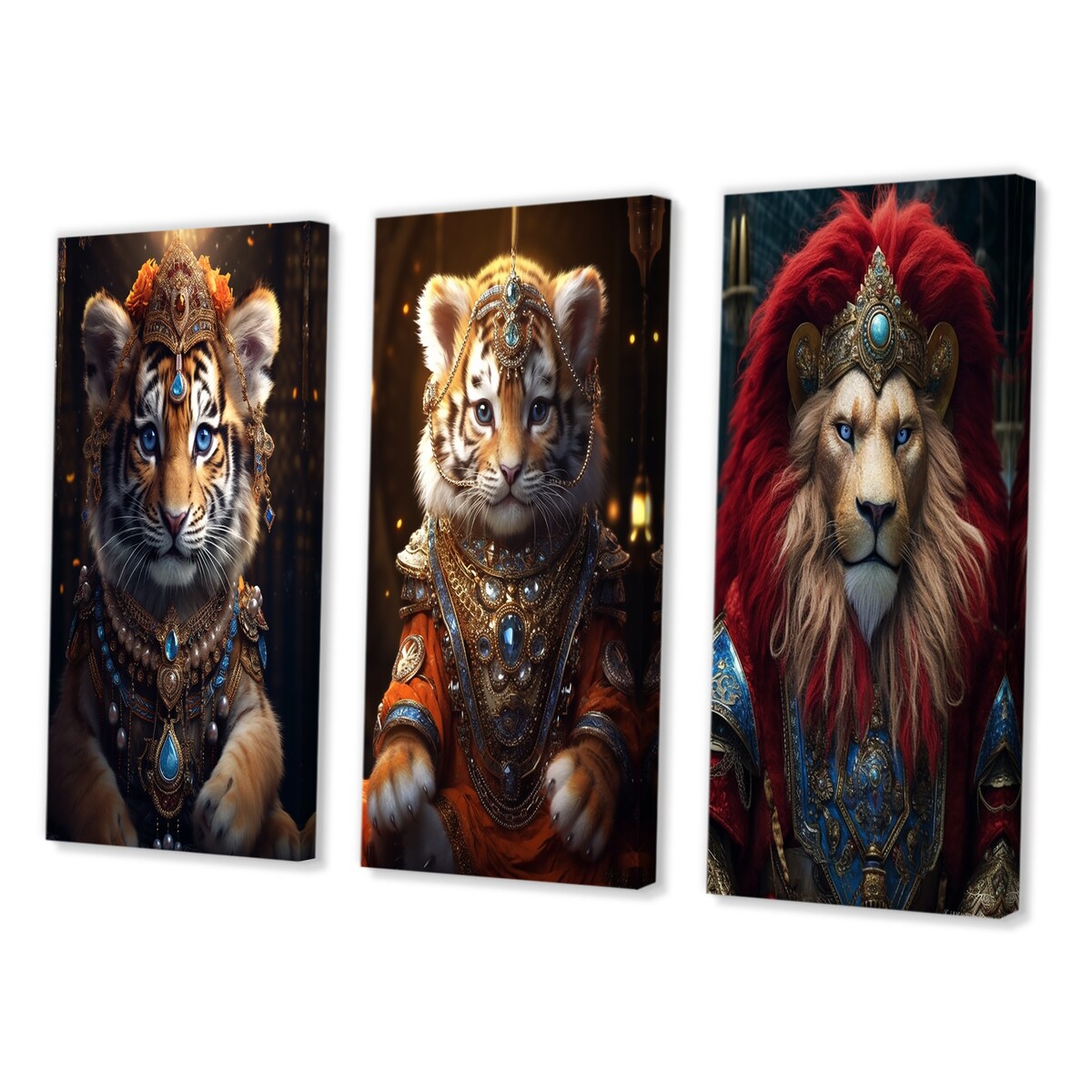 Designart "Cute Little Royal Lion Kitten II" Animals Lion Brown - Canvas Set Of 3 For Living Room Decor