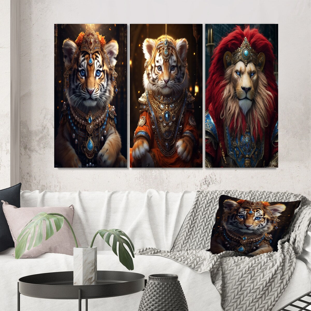 Designart "Cute Little Royal Lion Kitten II" Animals Lion Brown - Canvas Set Of 3 For Living Room Decor