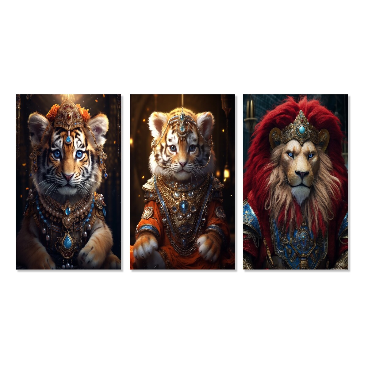 Designart "Cute Little Royal Lion Kitten II" Animals Lion Brown - Canvas Set Of 3 For Living Room Decor