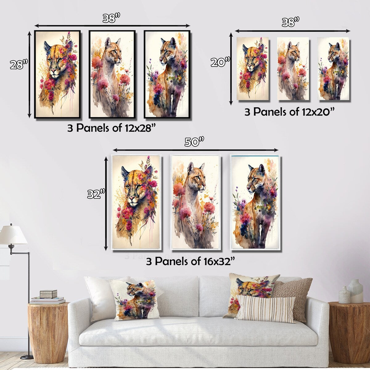 Designart "Cute Puma Floral Art II" Animals Wall Art Set Of 3 - Children's Art Printed Art Set For Bedroom