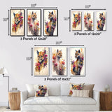 Designart "Cute Puma Floral Art II" Animals Wall Art Set Of 3 - Children's Art Printed Art Set For Bedroom