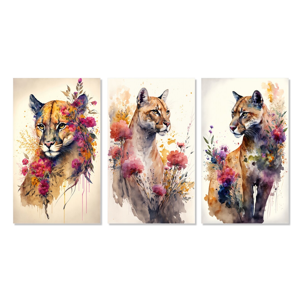 Designart "Cute Puma Floral Art II" Animals Wall Art Set Of 3 - Children's Art Printed Art Set For Bedroom
