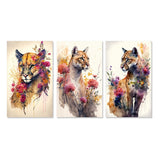 Designart "Cute Puma Floral Art II" Animals Wall Art Set Of 3 - Children's Art Printed Art Set For Bedroom
