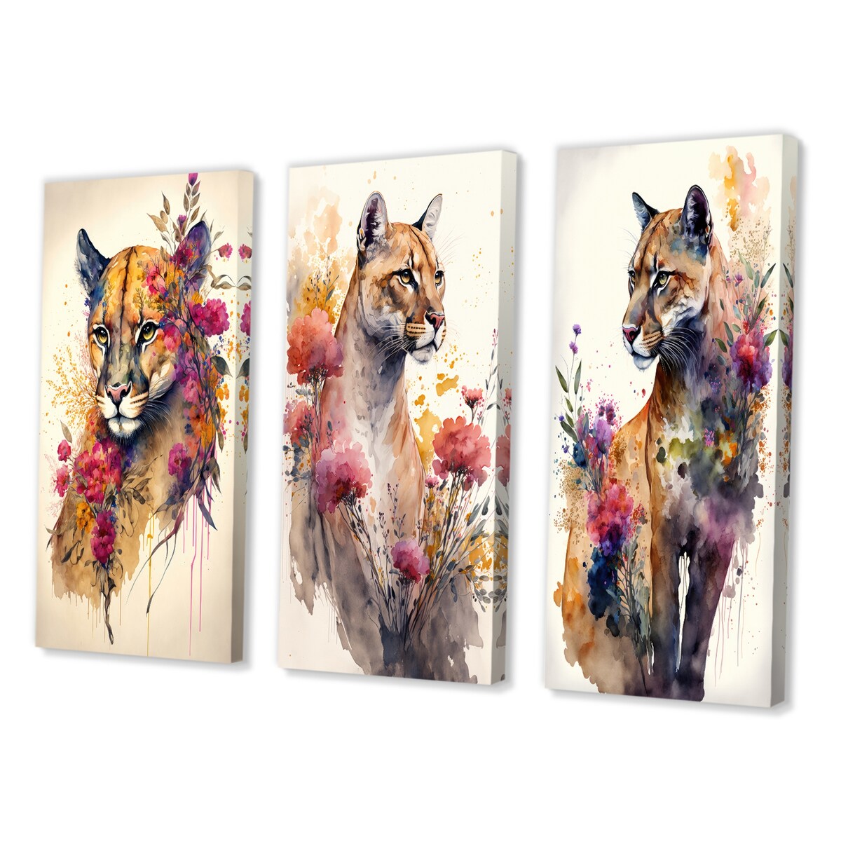 Designart "Cute Puma Floral Art II" Animals Wall Art Set Of 3 - Children's Art Printed Art Set For Bedroom