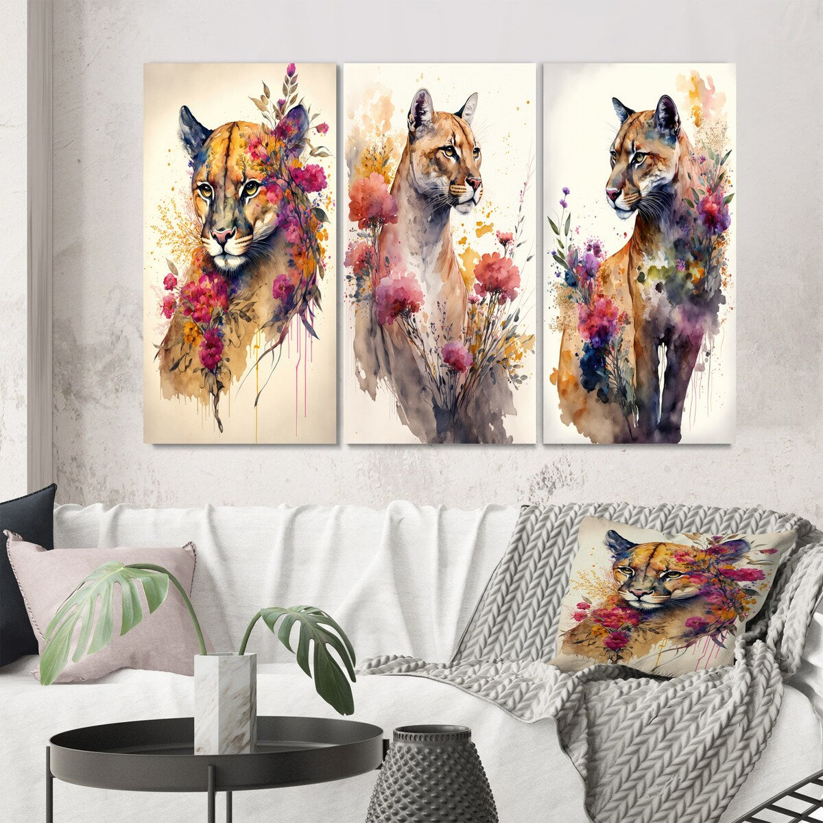 Designart "Cute Puma Floral Art II" Animals Wall Art Set Of 3 - Children's Art Printed Art Set For Bedroom