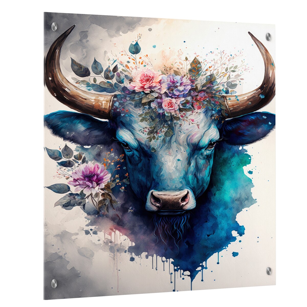 Designart "Cute Taurus Floral Art I" Buffalo Gloss Wall Decor Multi-Color - Modern Acrylic Wall Art For Dinning Room