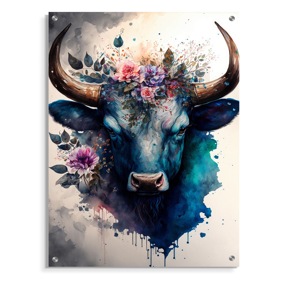 Designart "Cute Taurus Floral Art I" Buffalo Gloss Wall Decor Multi-Color - Modern Acrylic Wall Art For Dinning Room