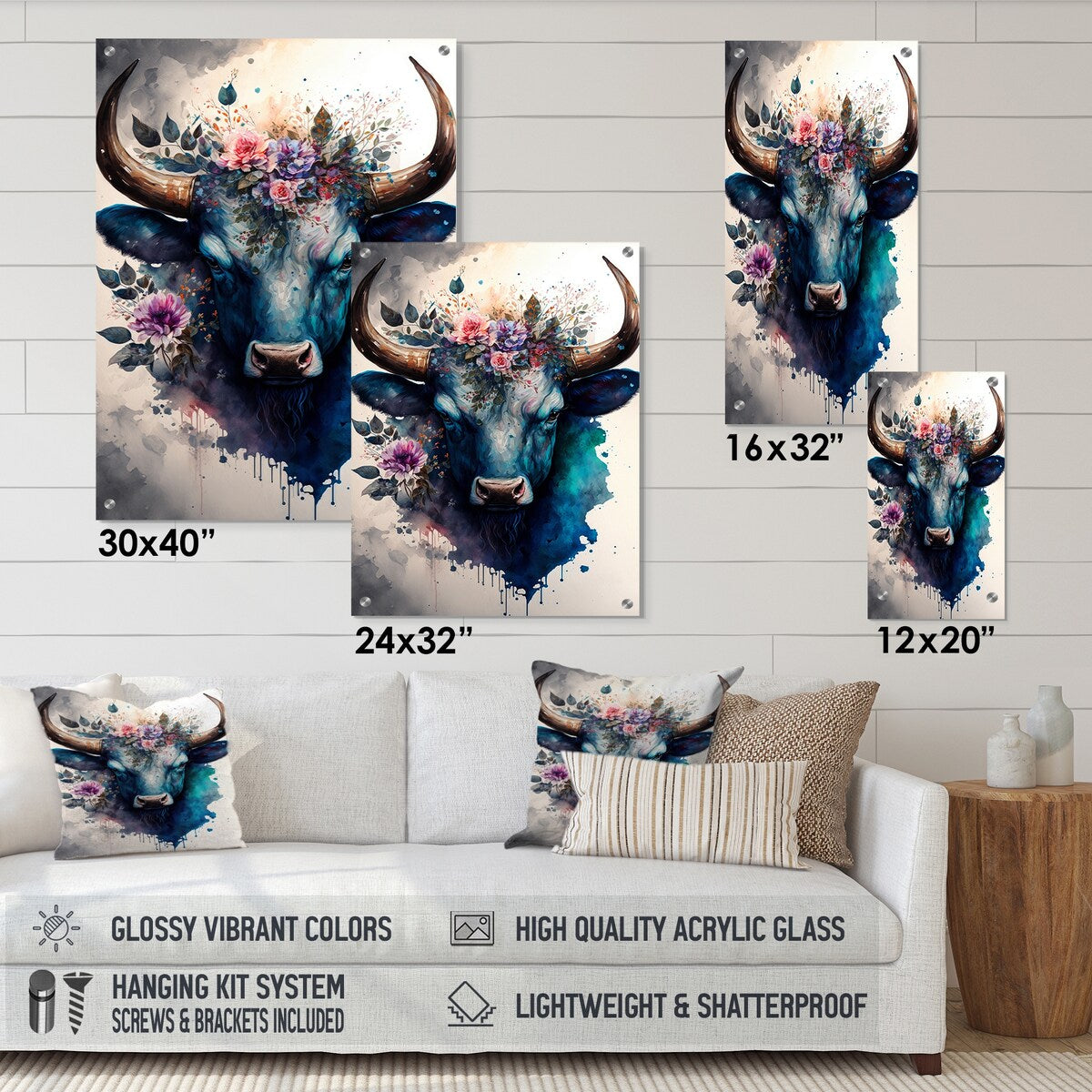 Designart "Cute Taurus Floral Art I" Buffalo Gloss Wall Decor Multi-Color - Modern Acrylic Wall Art For Dinning Room