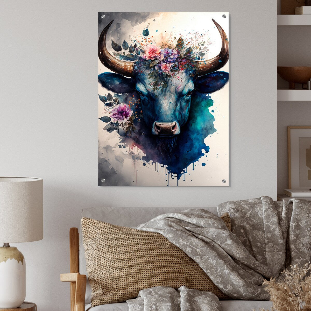 Designart "Cute Taurus Floral Art I" Buffalo Gloss Wall Decor Multi-Color - Modern Acrylic Wall Art For Dinning Room