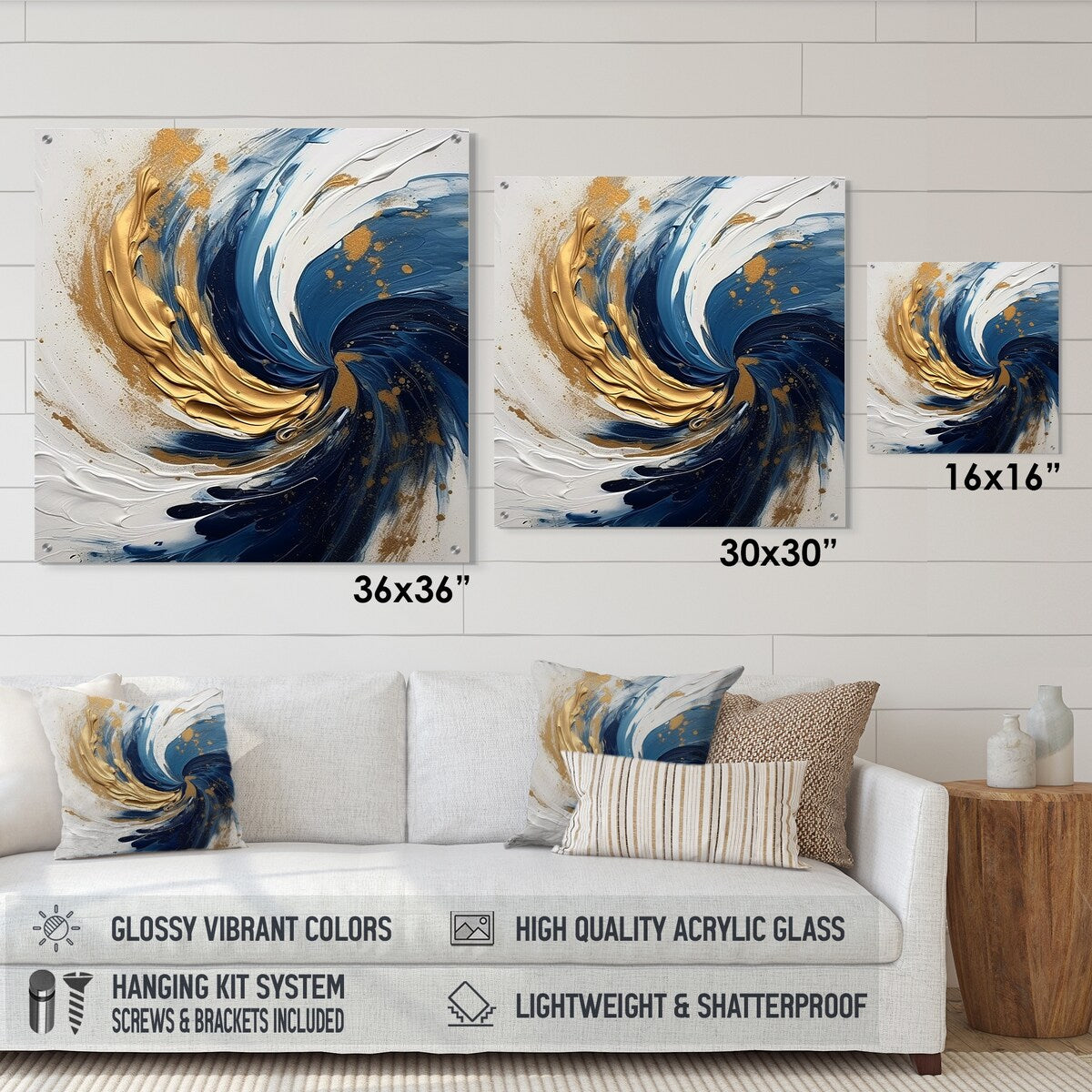 Designart "Dark Blue and Gold Spiral IV" Abstract Spirals Gloss Wall Decor Blue Modern Acrylic Wall Art For Living Room