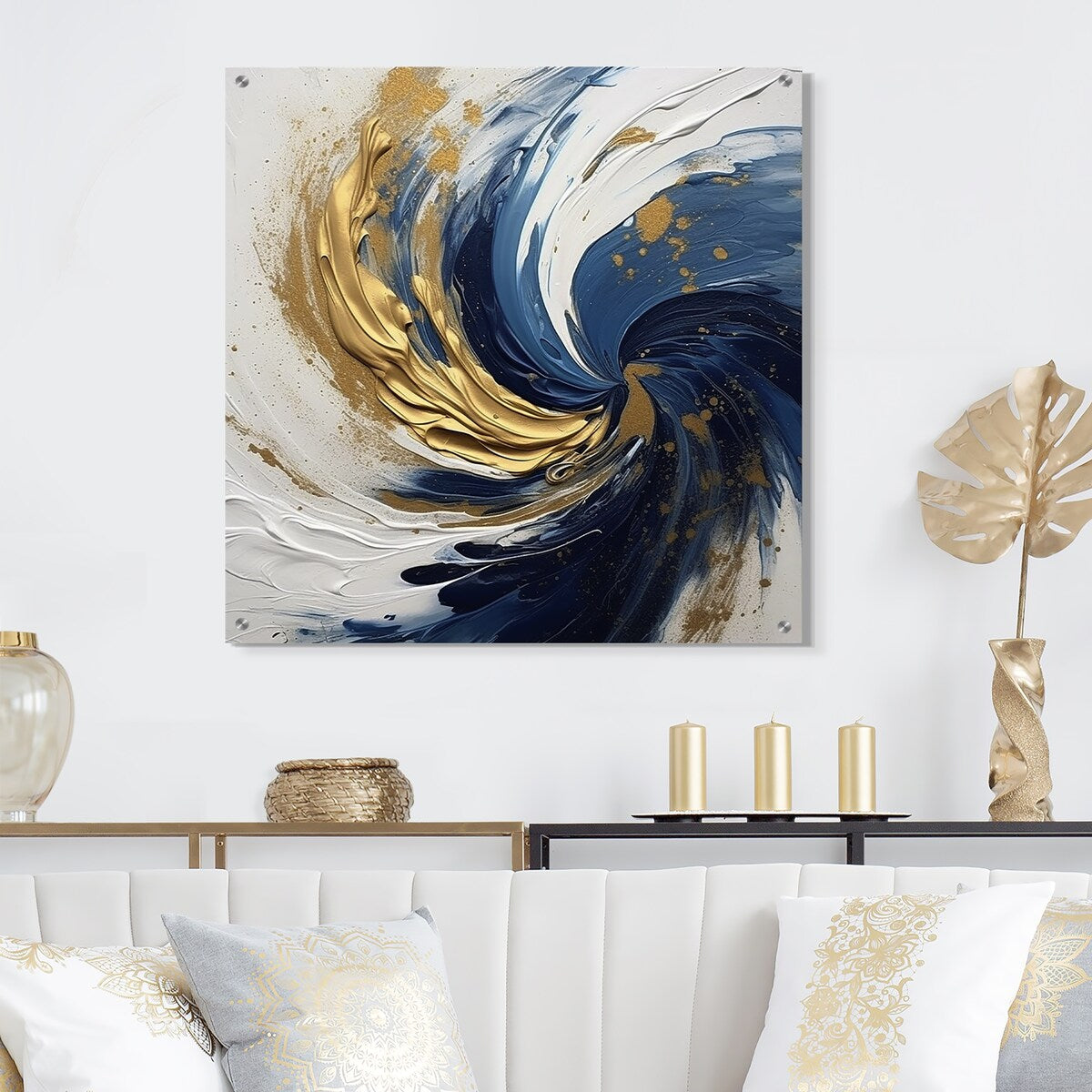 Designart "Dark Blue and Gold Spiral IV" Abstract Spirals Gloss Wall Decor Blue Modern Acrylic Wall Art For Living Room