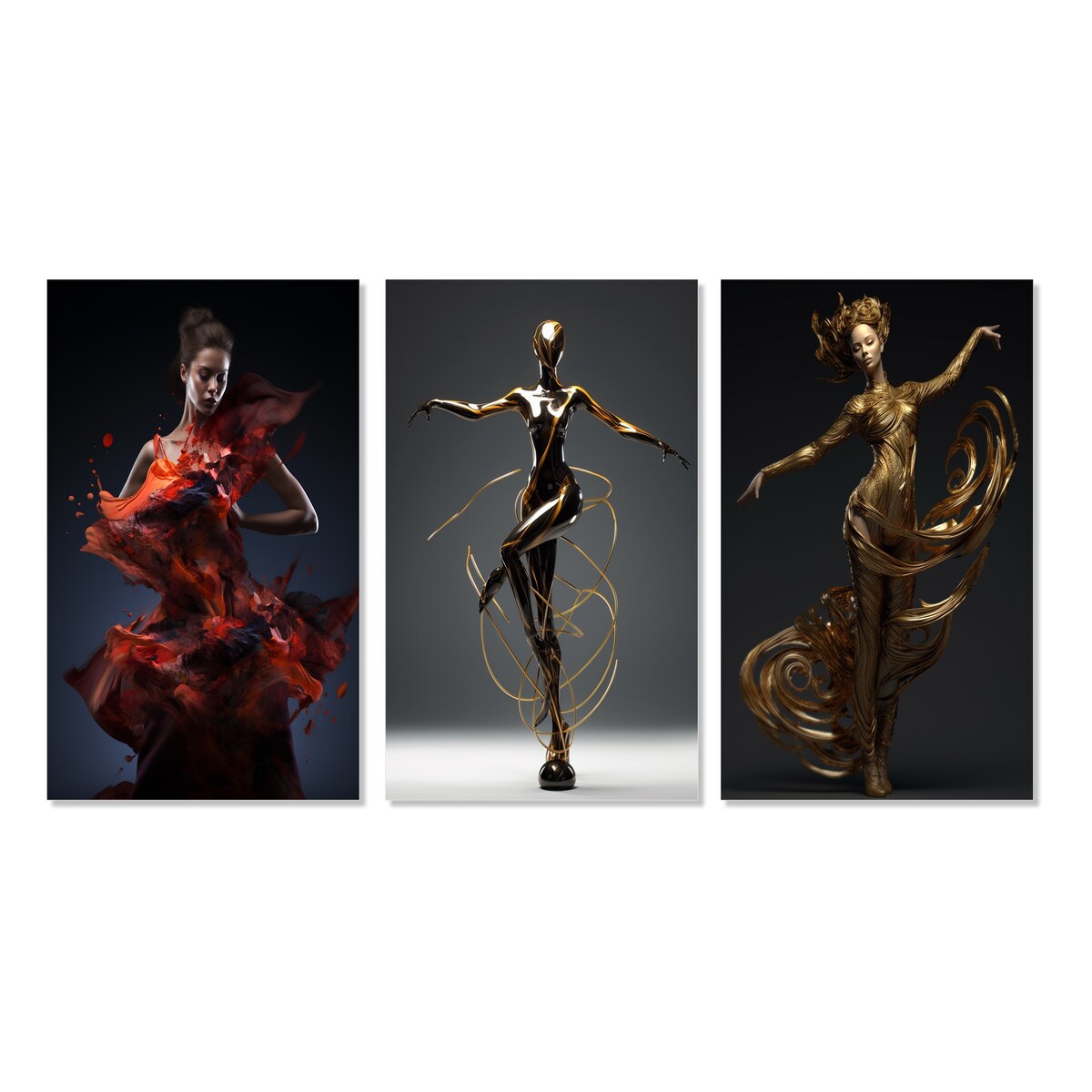 Designart "Dazzling Dance In Liquid Red Dress" Woman Fashion Photography Red - Canvas Set Of 3 For Living Room Decor