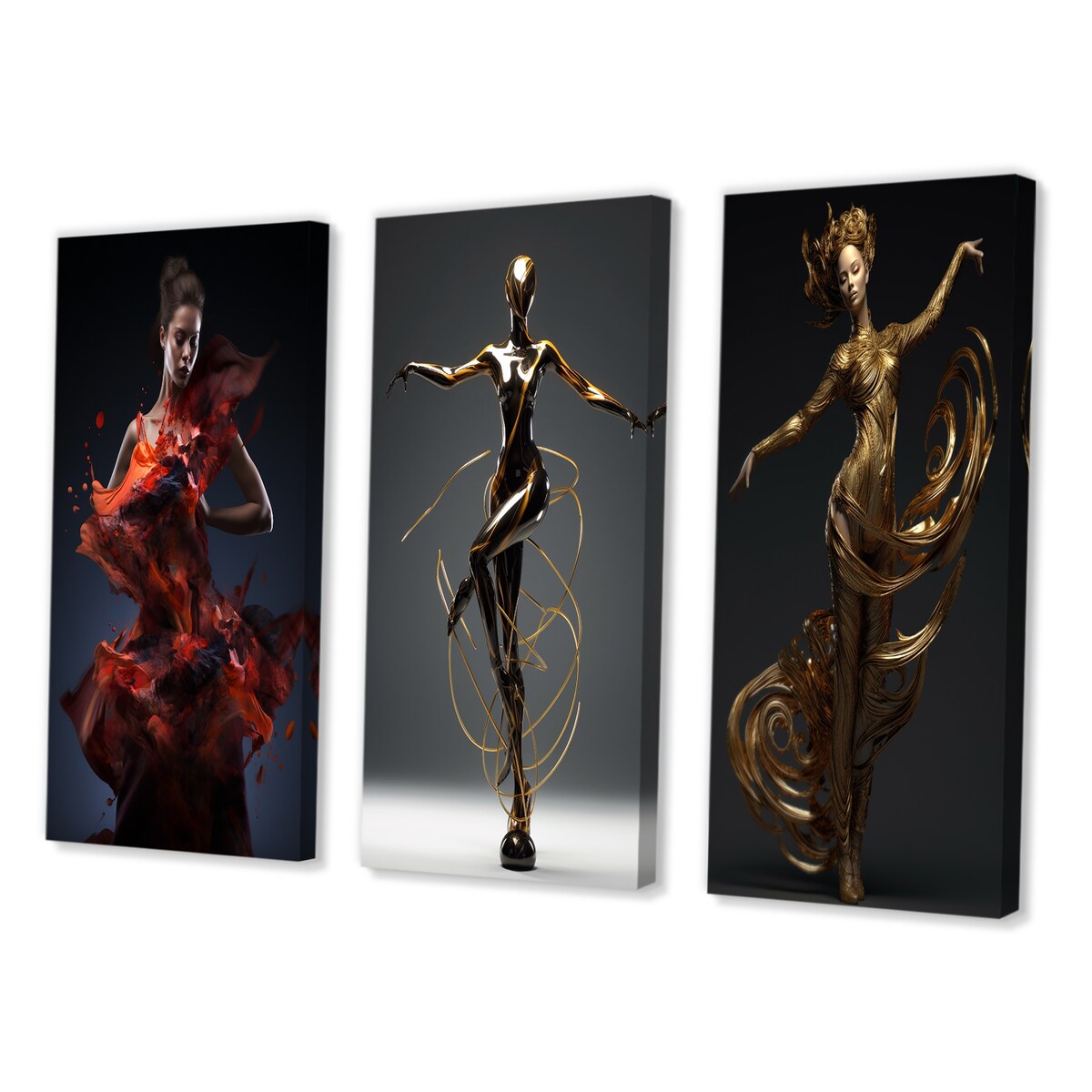 Designart "Dazzling Dance In Liquid Red Dress" Woman Fashion Photography Red - Canvas Set Of 3 For Living Room Decor