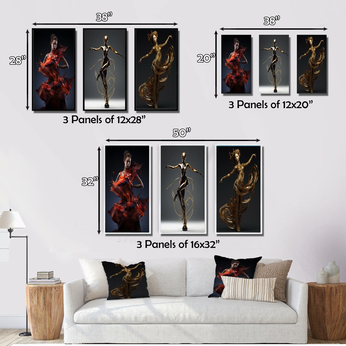 Designart "Dazzling Dance In Liquid Red Dress" Woman Fashion Photography Red - Canvas Set Of 3 For Living Room Decor
