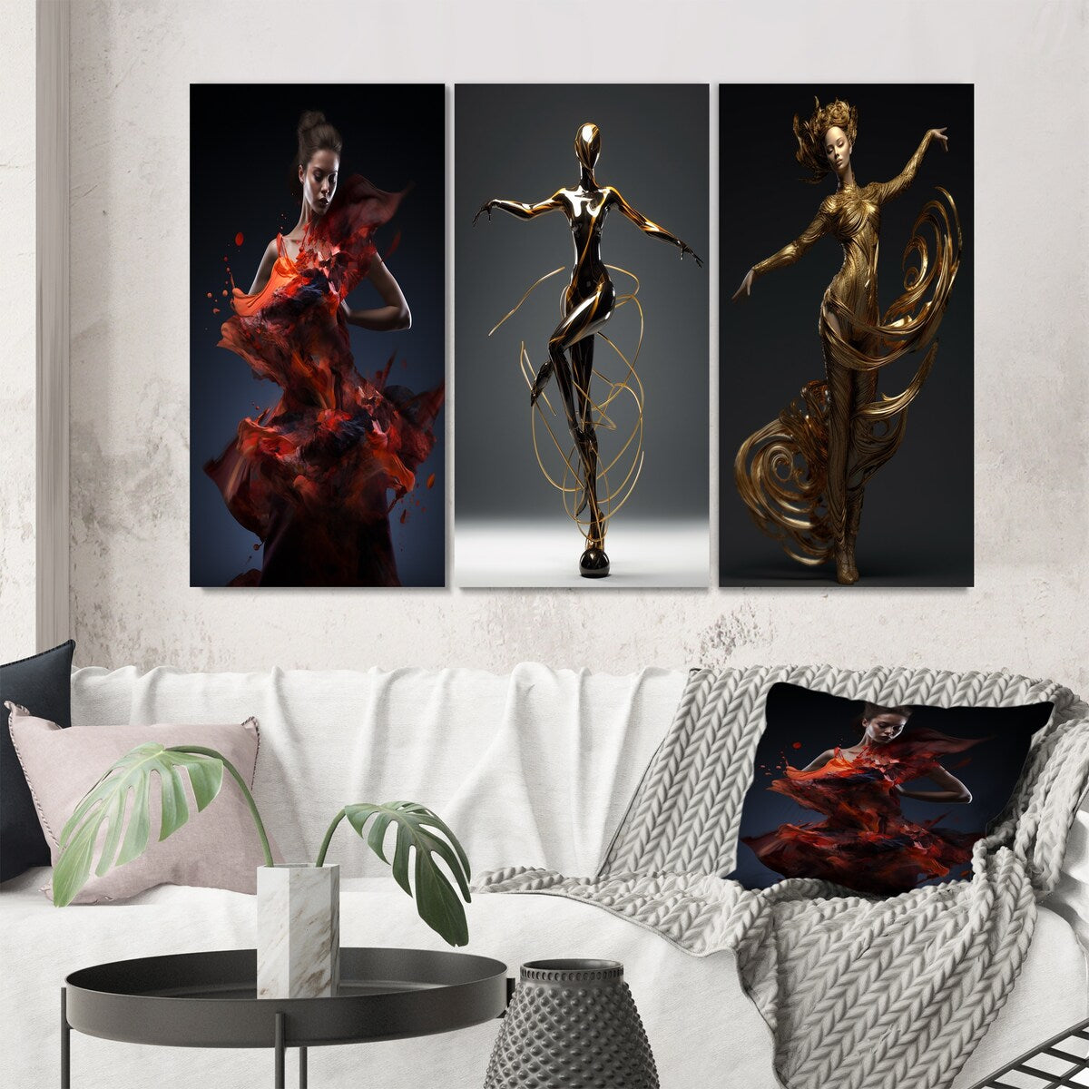Designart "Dazzling Dance In Liquid Red Dress" Woman Fashion Photography Red - Canvas Set Of 3 For Living Room Decor