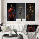 Designart "Dazzling Dance In Liquid Red Dress" Woman Fashion Photography Red - Canvas Set Of 3 For Living Room Decor