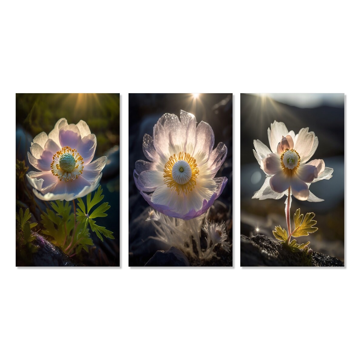 Designart "Delicate Blooming Anemone In Morning Sunshine II" Flowers White - Printed Art Set Of 3 For Bedroom