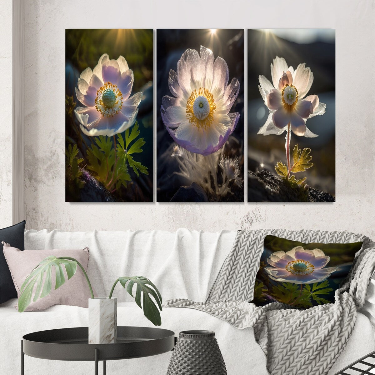 Designart "Delicate Blooming Anemone In Morning Sunshine II" Flowers White - Printed Art Set Of 3 For Bedroom