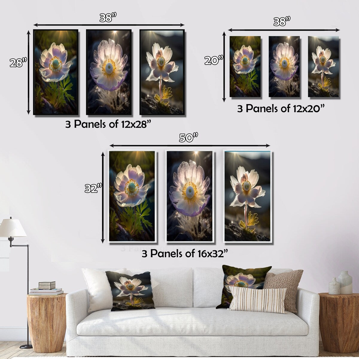 Designart "Delicate Blooming Anemone In Morning Sunshine II" Flowers White - Printed Art Set Of 3 For Bedroom