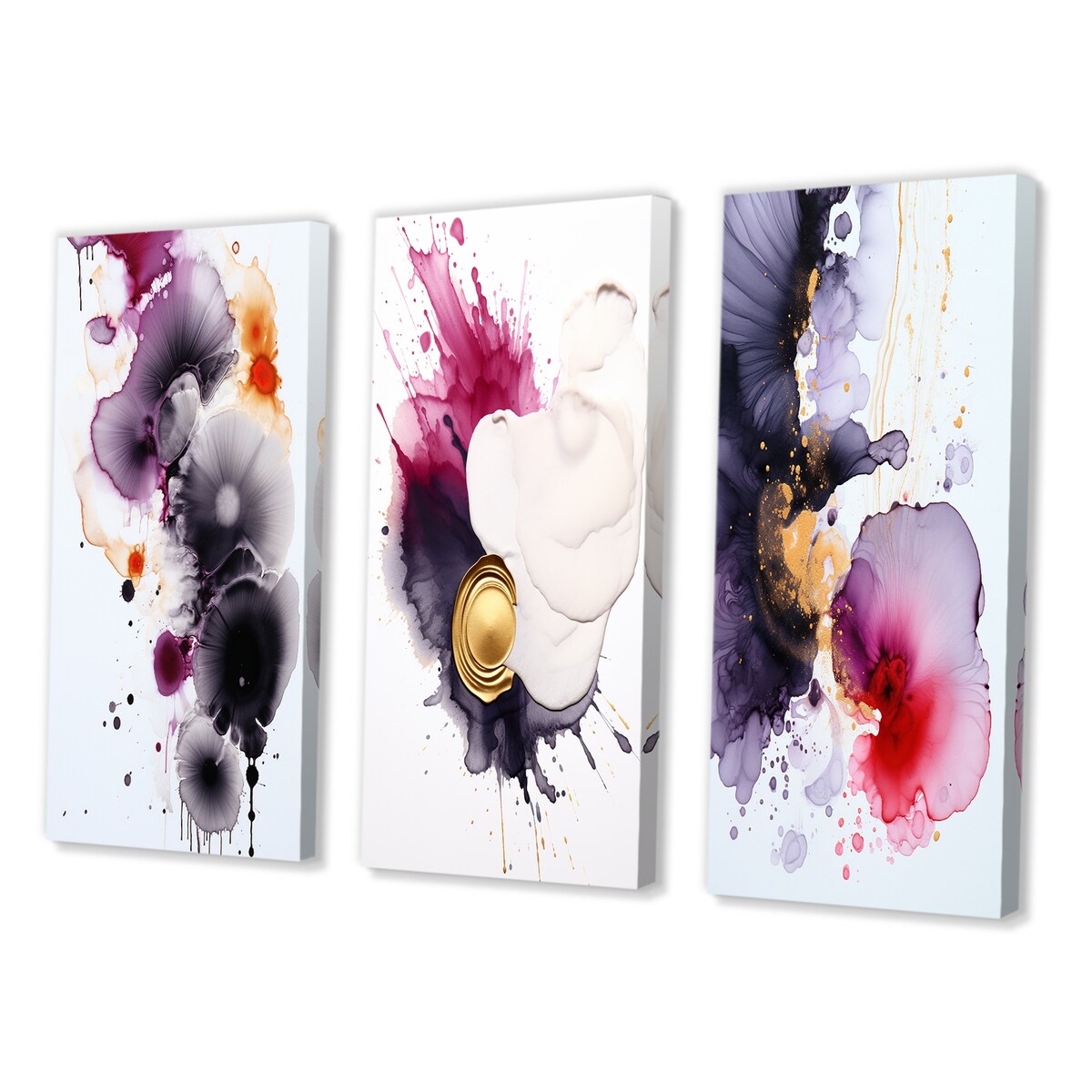Designart "Delicate Fluidity Magenta And Gold Ink Clouds II" Abstract Painting Blue - Gallery Set Of 3 For Office Decor