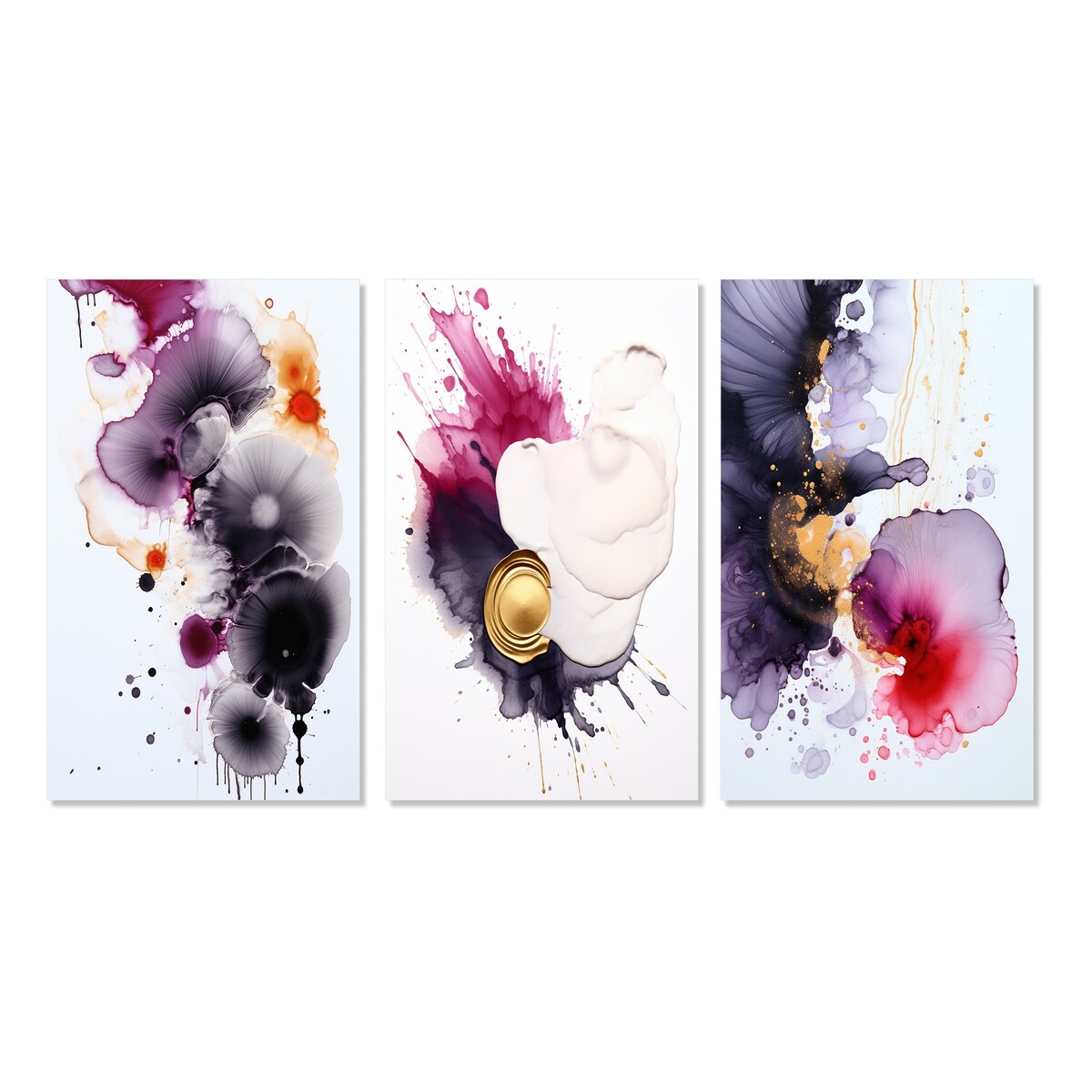 Designart "Delicate Fluidity Magenta And Gold Ink Clouds II" Abstract Painting Blue - Gallery Set Of 3 For Office Decor