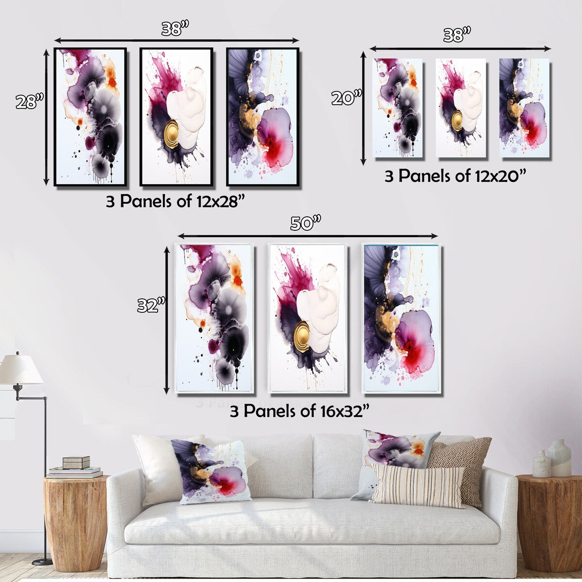 Designart "Delicate Fluidity Magenta And Gold Ink Clouds II" Abstract Painting Blue - Gallery Set Of 3 For Office Decor