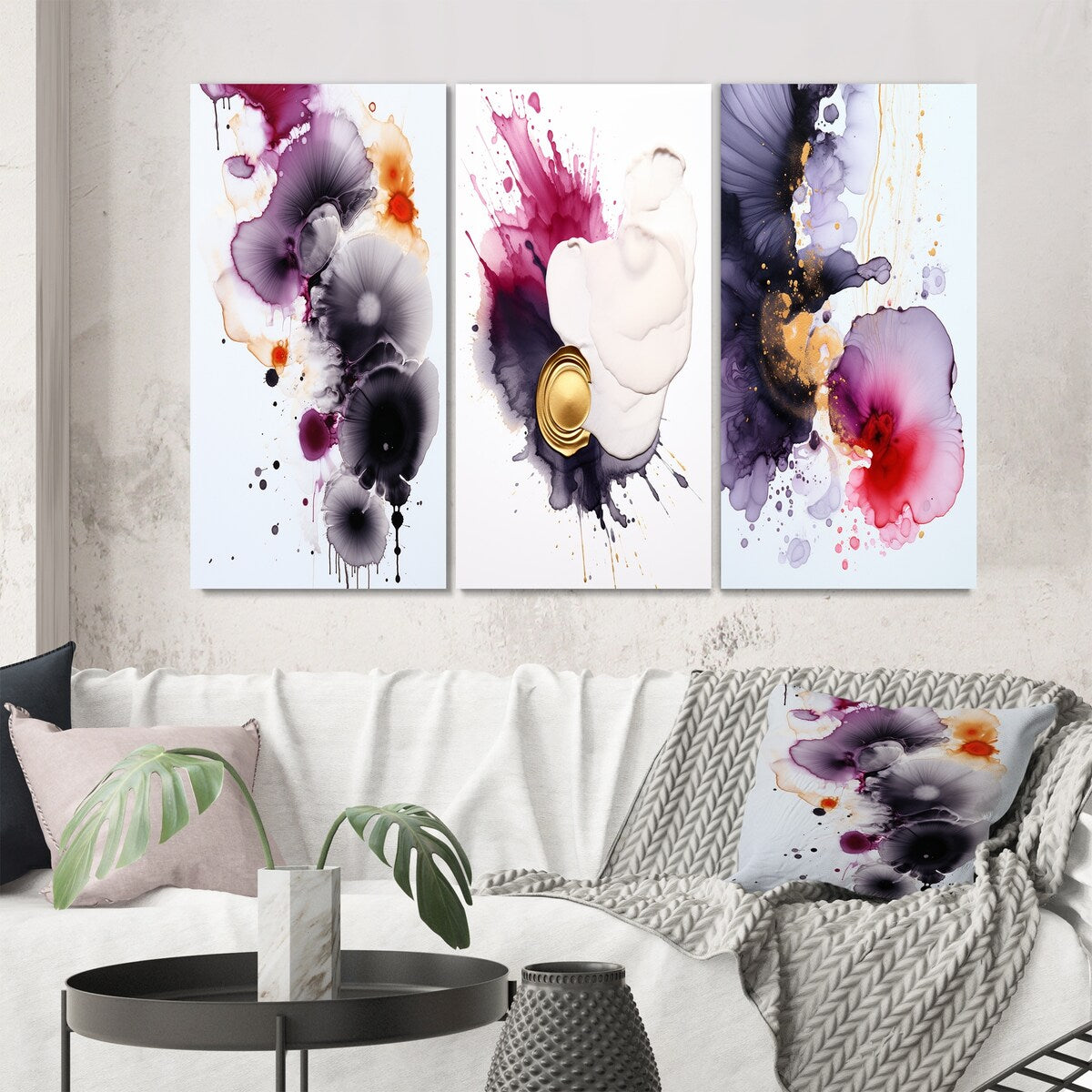 Designart "Delicate Fluidity Magenta And Gold Ink Clouds II" Abstract Painting Blue - Gallery Set Of 3 For Office Decor
