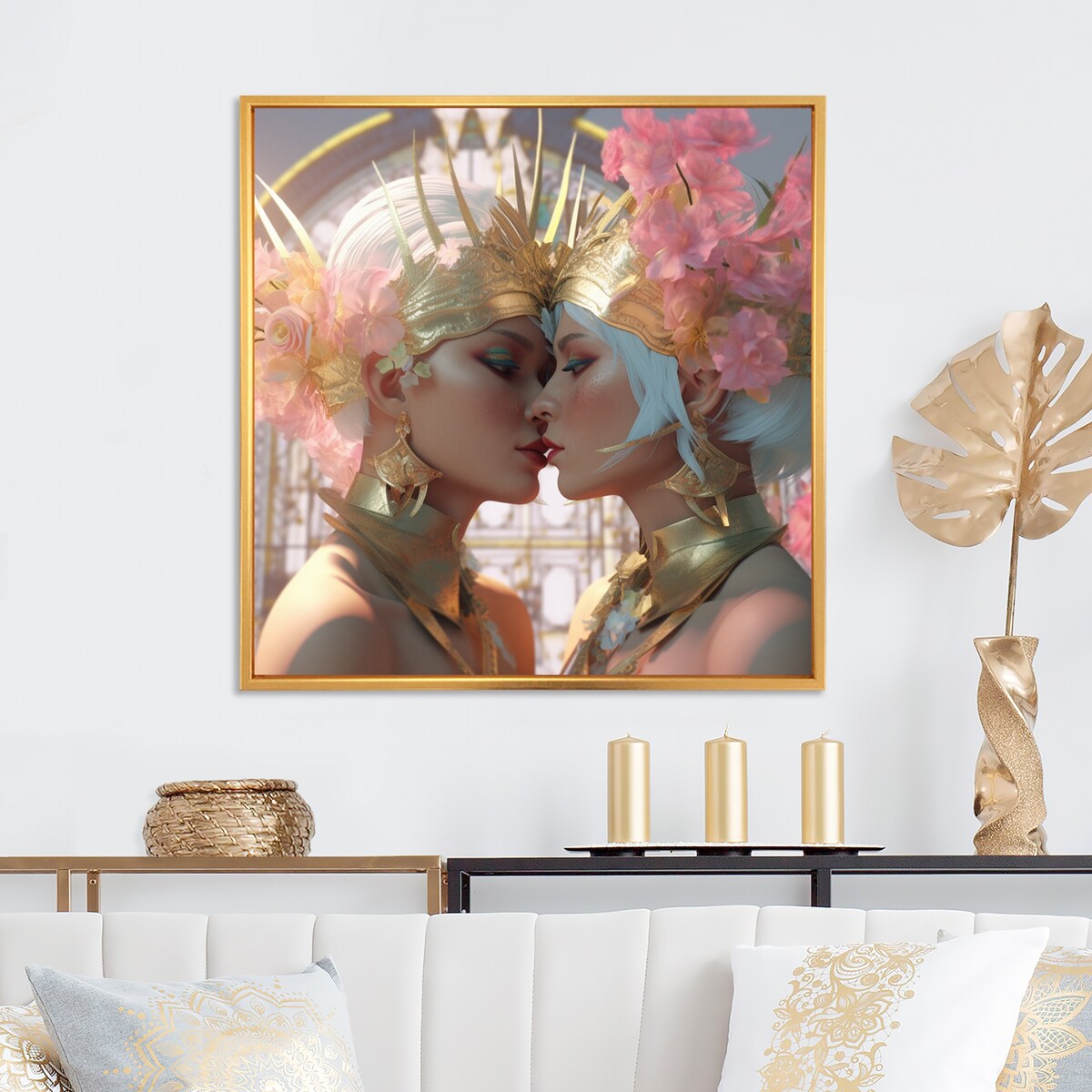 Designart "Divine Love Exquiste Goddess Couple Kissing I" Couple Framed Canvas Art Print