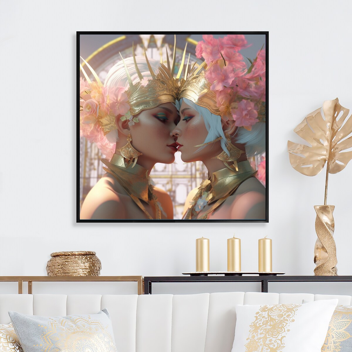 Designart "Divine Love Exquiste Goddess Couple Kissing I" Couple Framed Canvas Art Print