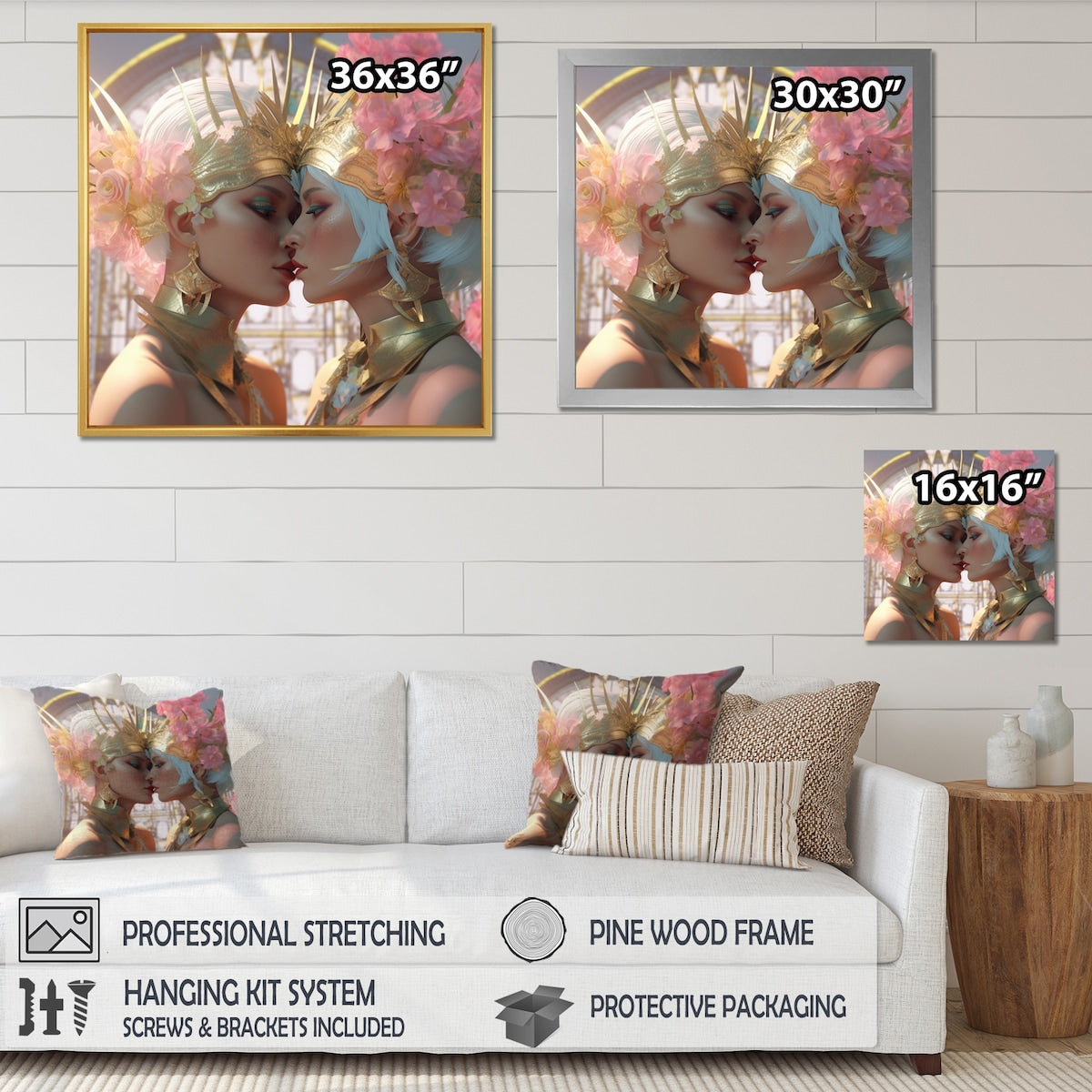 Designart "Divine Love Exquiste Goddess Couple Kissing I" Couple Framed Canvas Art Print