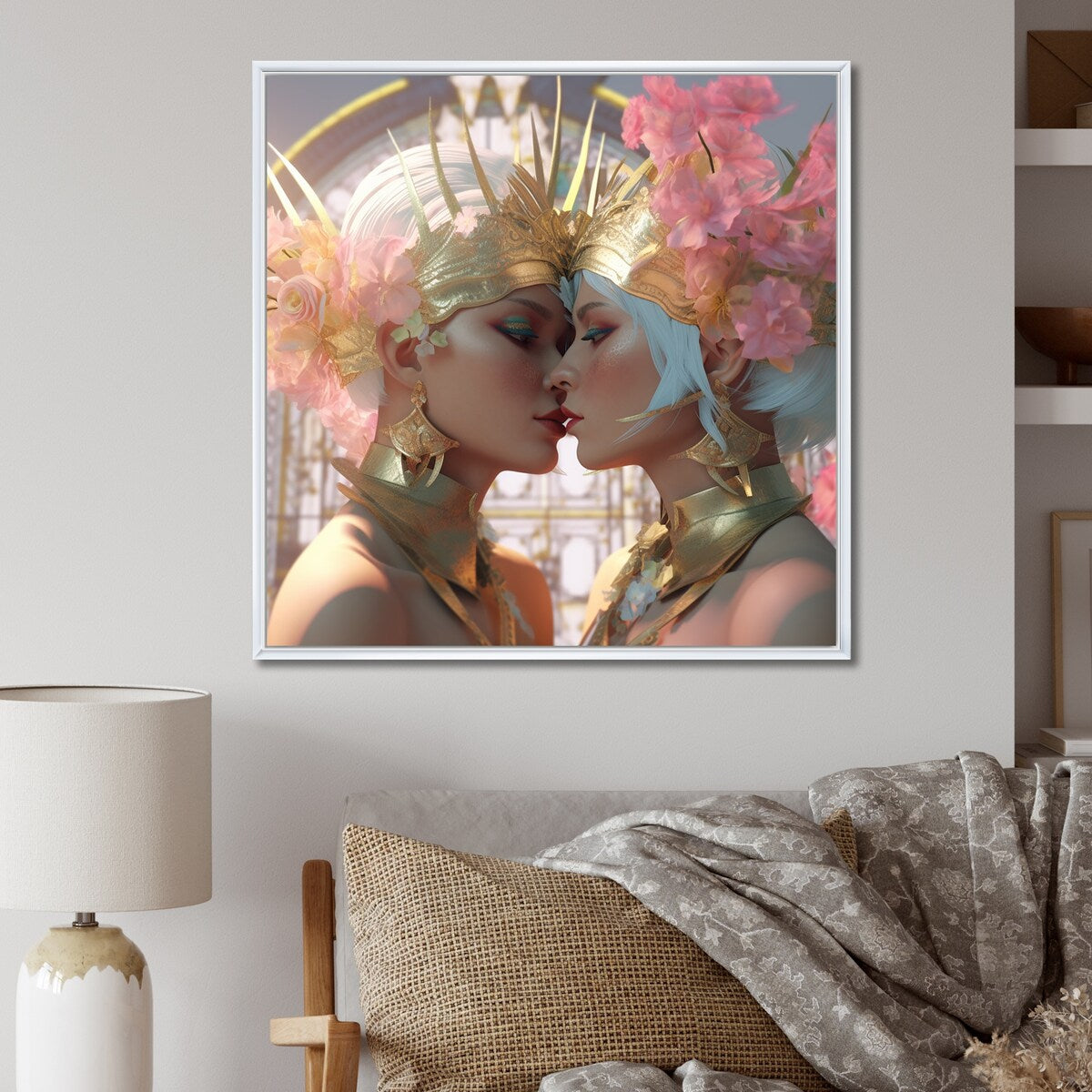 Designart "Divine Love Exquiste Goddess Couple Kissing I" Couple Framed Canvas Art Print