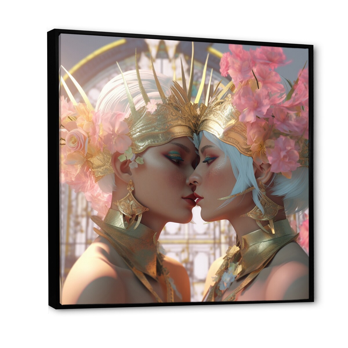 Designart "Divine Love Exquiste Goddess Couple Kissing I" Couple Framed Canvas Art Print