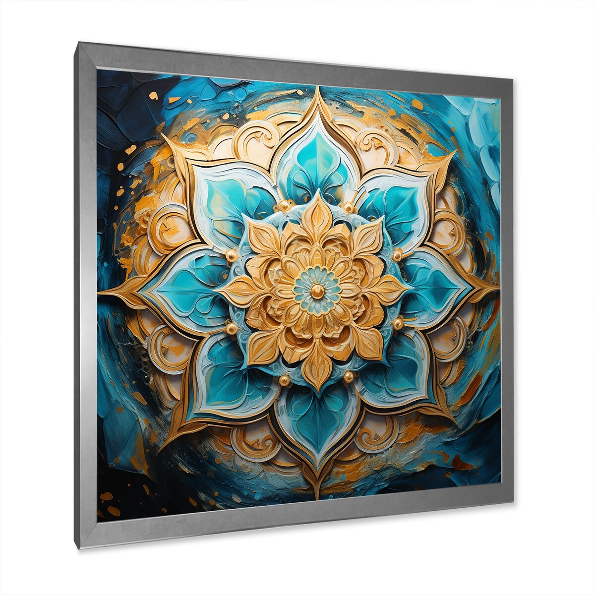 Designart "Divine Mandala In Vintage Gold And Turquoise I" Boho Mandala Framed Wall Art Prints