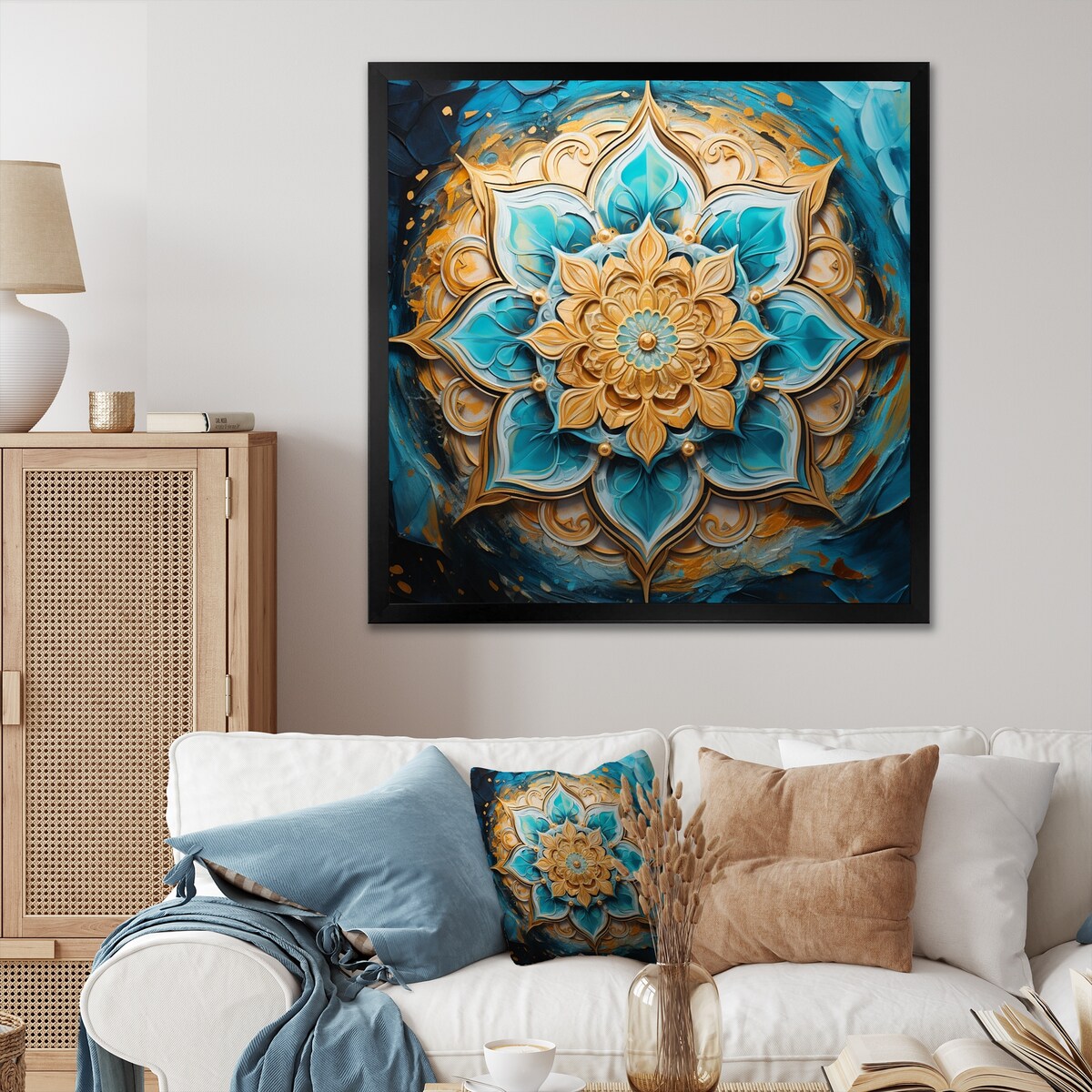Designart "Divine Mandala In Vintage Gold And Turquoise I" Boho Mandala Framed Wall Art Prints