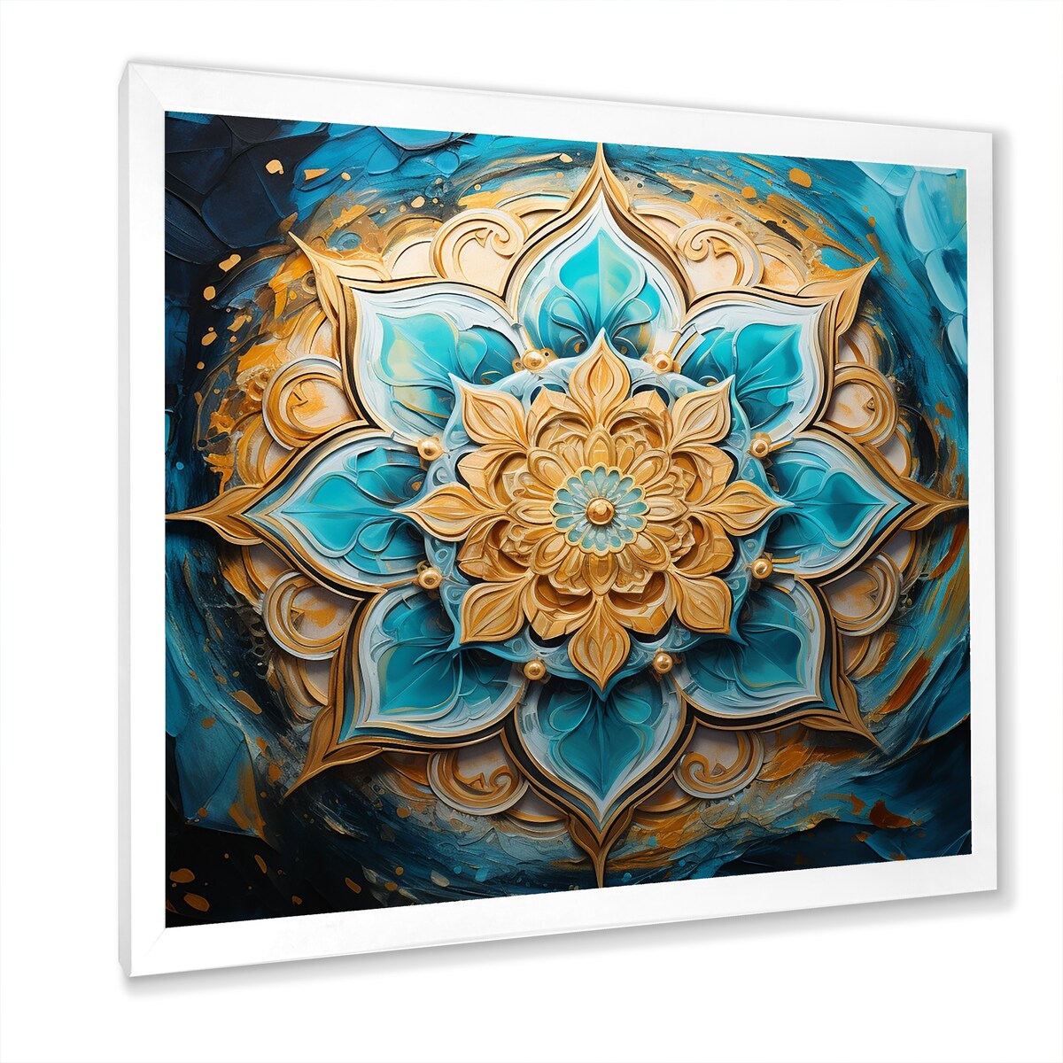 Designart "Divine Mandala In Vintage Gold And Turquoise I" Boho Mandala Framed Wall Art Prints